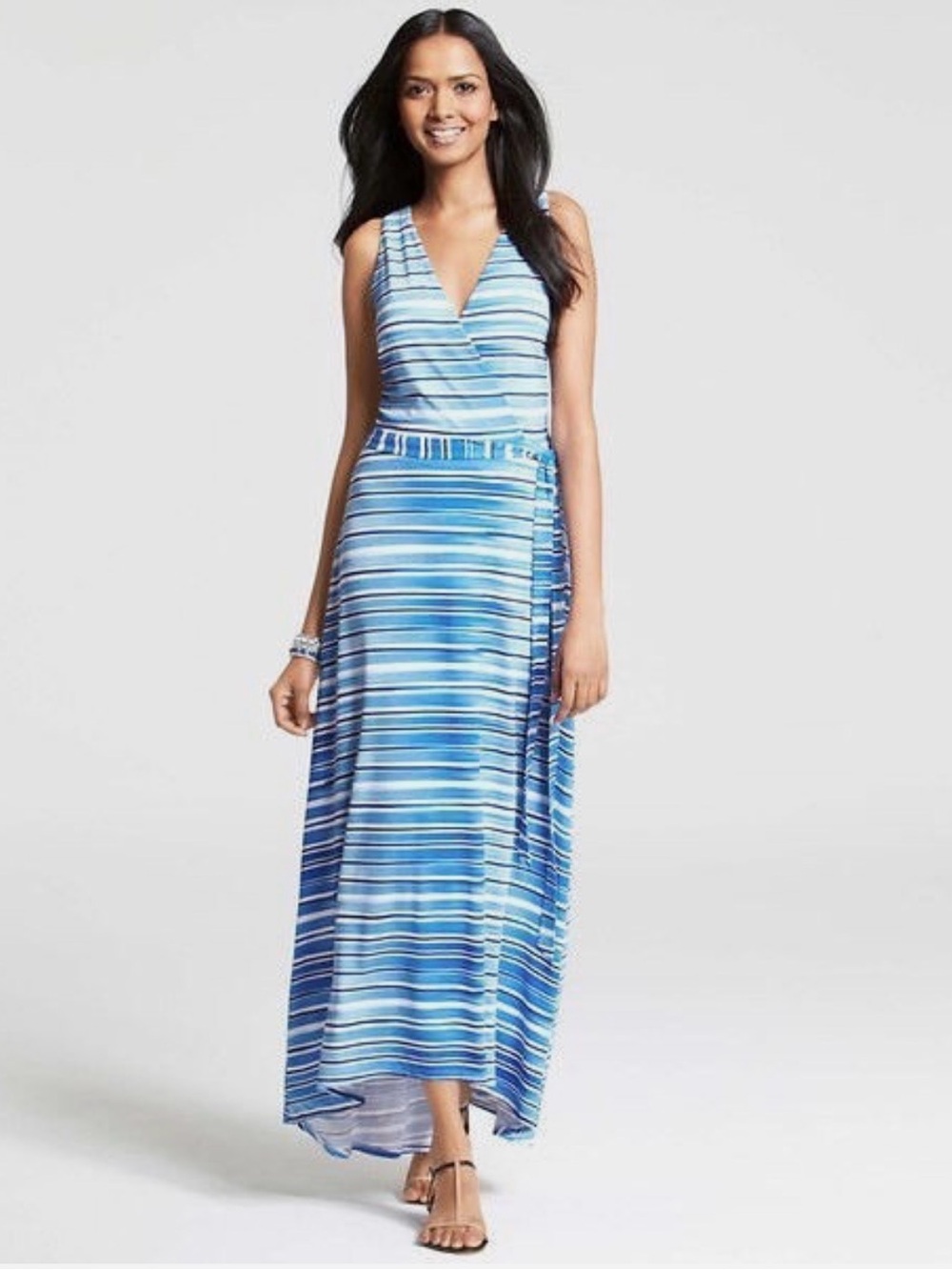 Ann Taylor Blue Striped Wrap-Style Maxi Dress Small